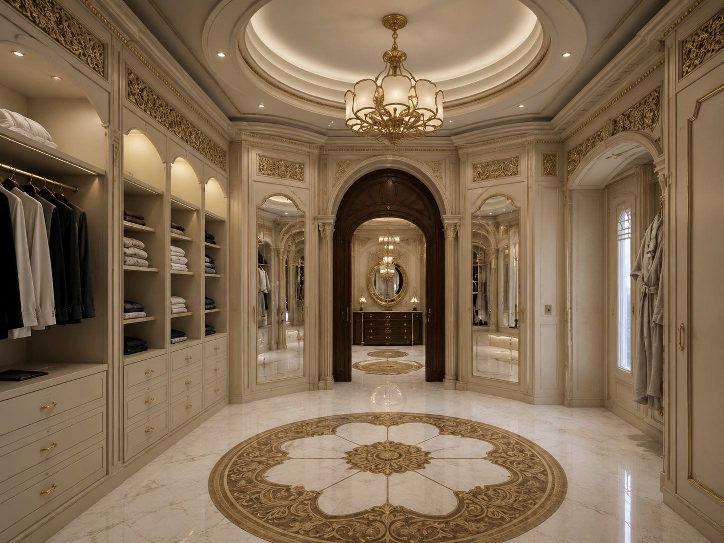 Classic walk-in wardrobe with carved cream panelling, gold trim, a chandelier and a marble medallion floor, Bahri Villa South, Doha, Qatar, by Blaine Robert Design