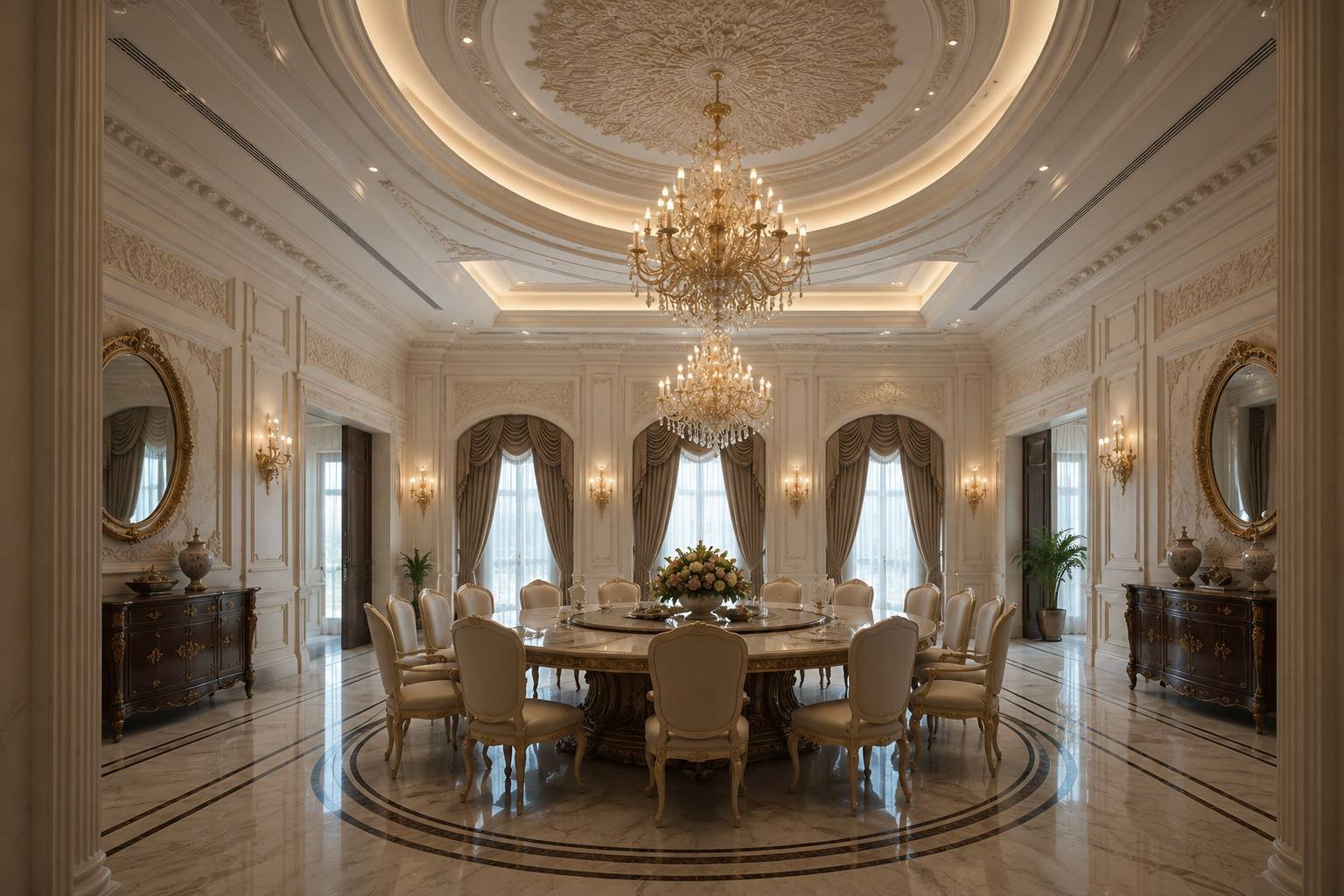 Formal round dining room beneath a domed ceiling with two crystal chandeliers, Bahri Villa South, Doha, Qatar, by Blaine Robert Design