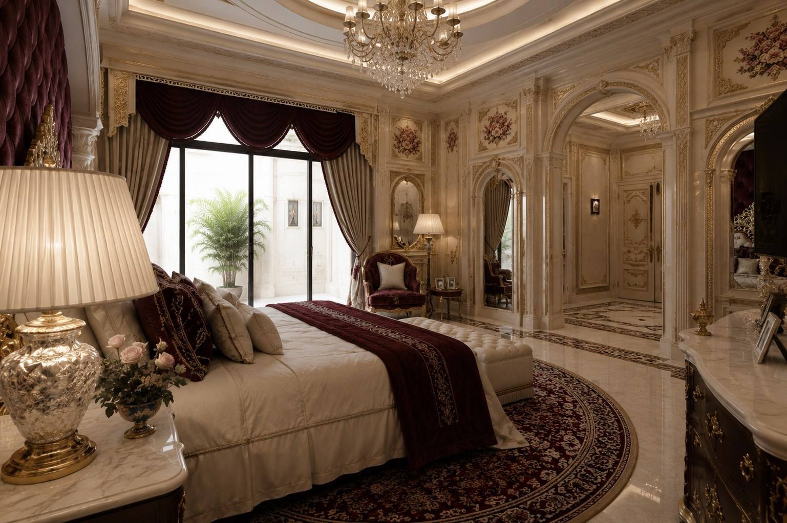 Classic luxury bedroom with a crystal chandelier, burgundy silk drapes, gilded mouldings and a marble medallion floor, Bahri Villa South, Doha, by Blaine Robert Design