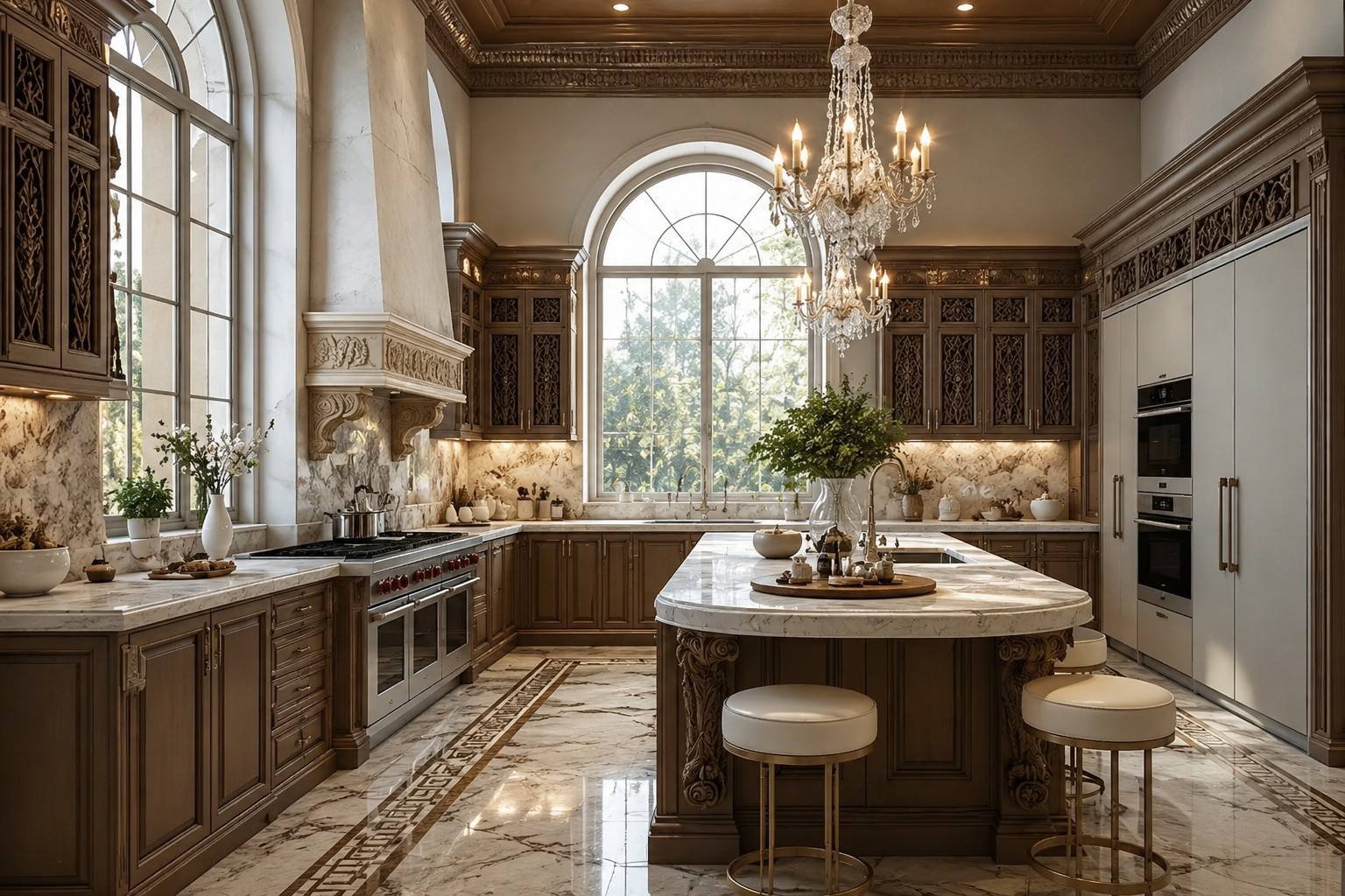 Classic luxury kitchen with a carved marble vent hood, a crystal chandelier over a marble island with carved corbels, fretwork cabinet doors, an arched window and inlaid marble floor borders, Half Moon Bay Villa, Saudi Arabia, by Blaine Robert Design