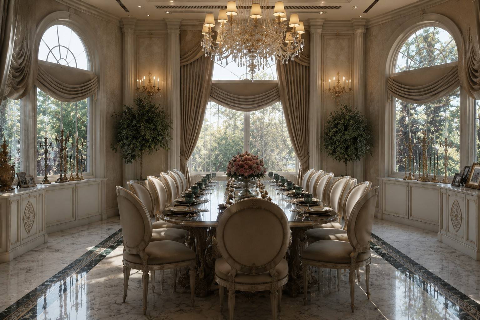 Formal dining room with a long table, upholstered chairs and tall arched windows, Half Moon Bay Villa, Saudi Arabia, by Blaine Robert Design