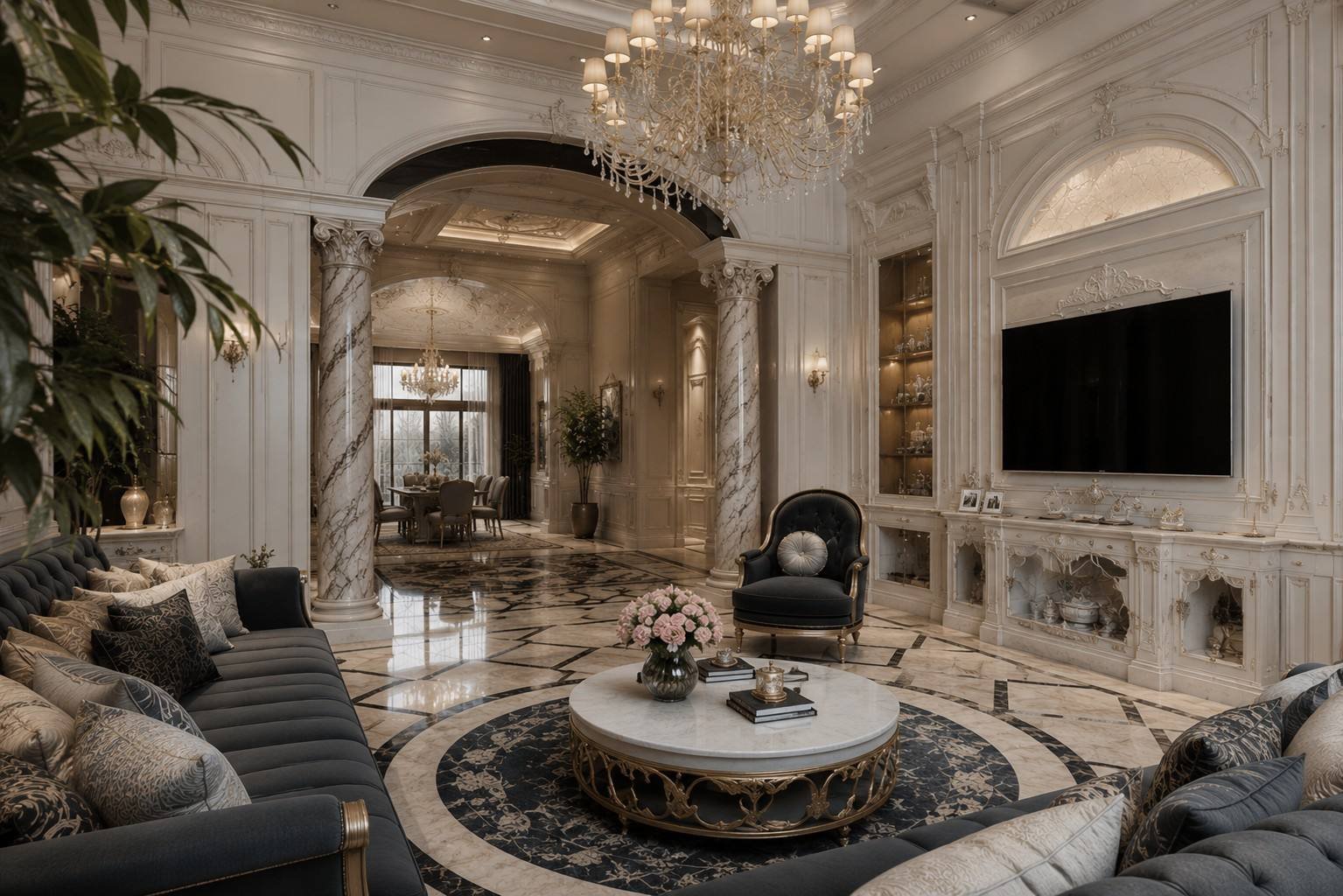 Living room opening onto the formal dining room through marble columns, Half Moon Bay Villa, Saudi Arabia, by Blaine Robert Design