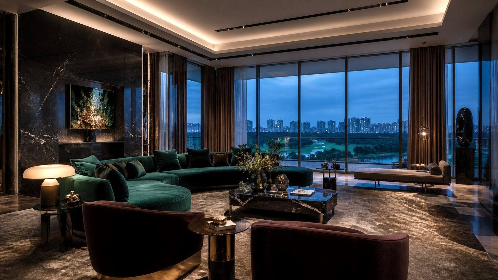 Ultra-luxury living room with layered lighting at dusk — the standard of luxury renovation Blaine Robert Design builds to