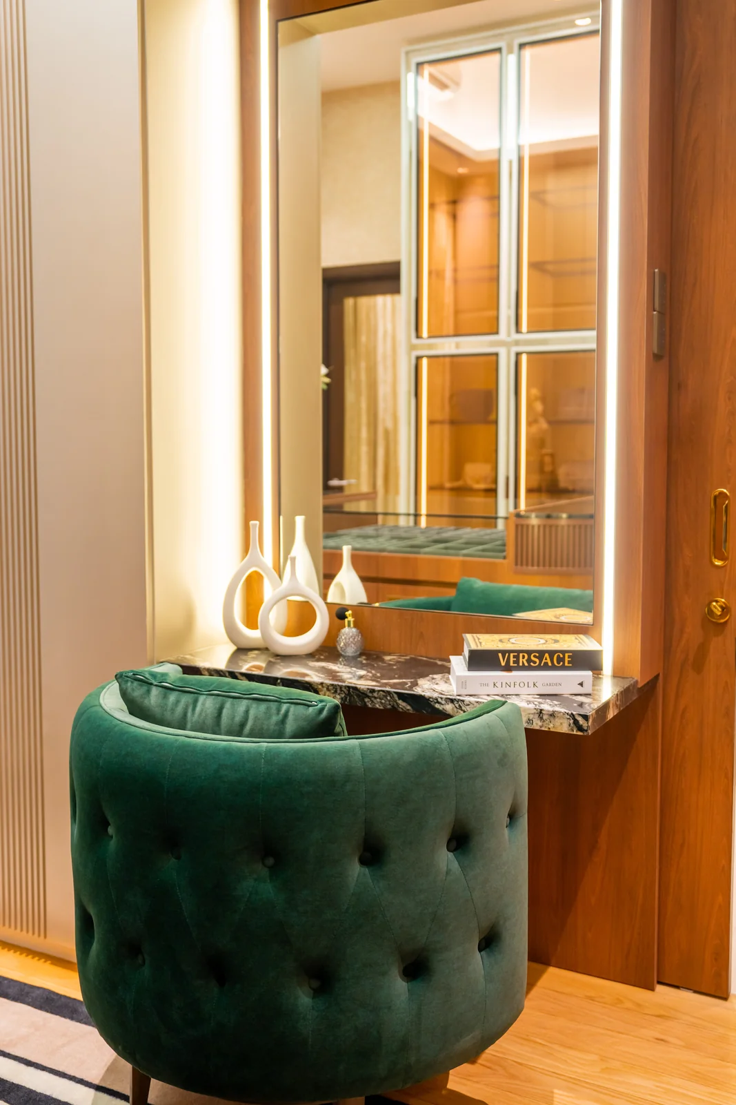 Vanity mirror with a green velvet stool in a dressing area, Bangsar, Kuala Lumpur, Malaysia, by Blaine Robert Design