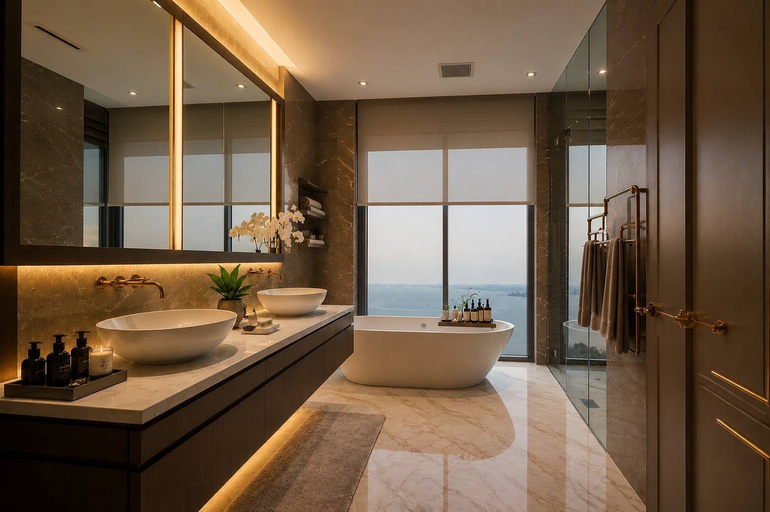 Modern luxury bathroom with a long floating vanity, twin vessel basins, a backlit mirror and a freestanding tub by a floor-to-ceiling window over the water, Marina Bay Apartment, Singapore, by Blaine Robert Design