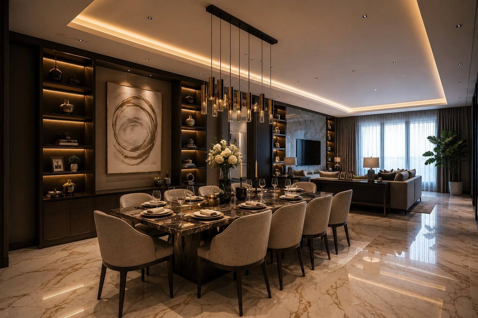 Dining room opening onto the living room, with lit display shelving and linear pendant lights, Marina Bay Apartment, Singapore, by Blaine Robert Design