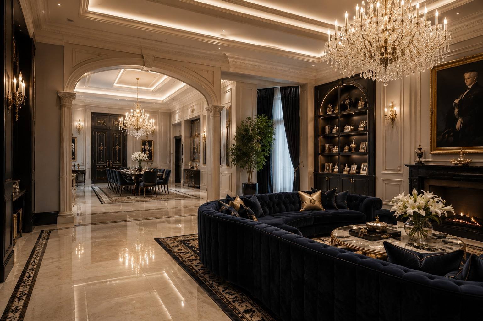 Living room with a formal dining room seen through an archway, Palm Jumeirah Villa, Dubai, by Blaine Robert Design