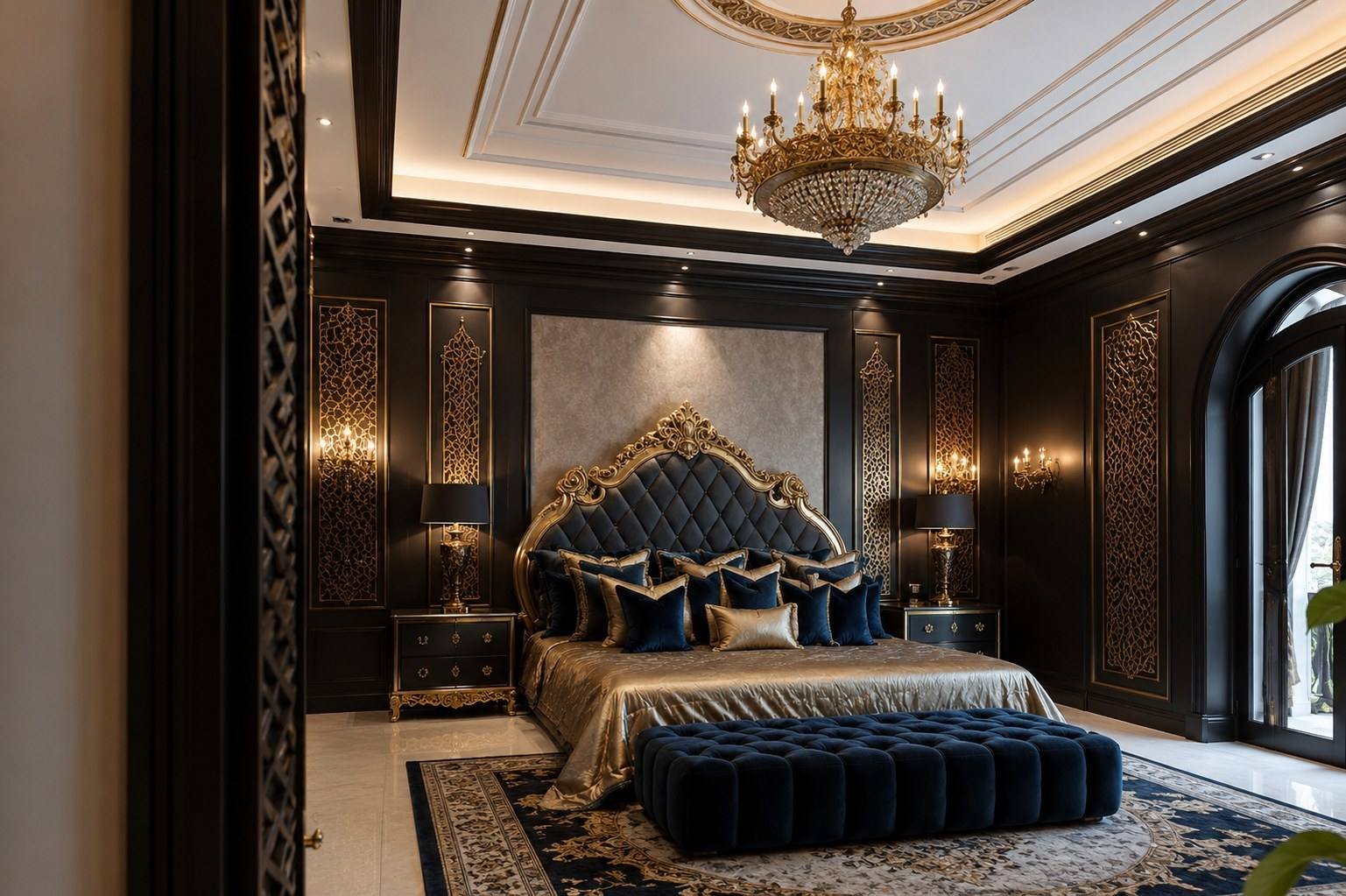 Dark luxury master bedroom with a tufted sapphire-blue headboard, gold fretwork panels, black lacquered walls and a crystal chandelier, Palm Jumeirah Villa, Dubai, by Blaine Robert Design