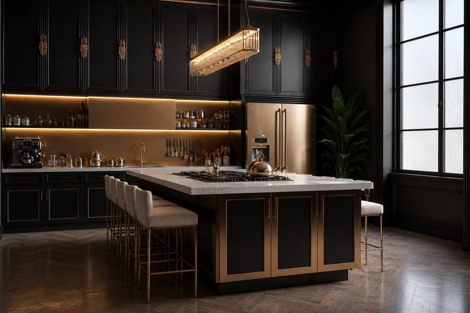 Black and gold luxury kitchen design with a marble island holding the hob, brass-trimmed black cabinetry, a linear crystal pendant light, brass sink fittings and cream barstools on a herringbone floor, Palm Jumeirah Villa, Dubai, by Blaine Robert Design