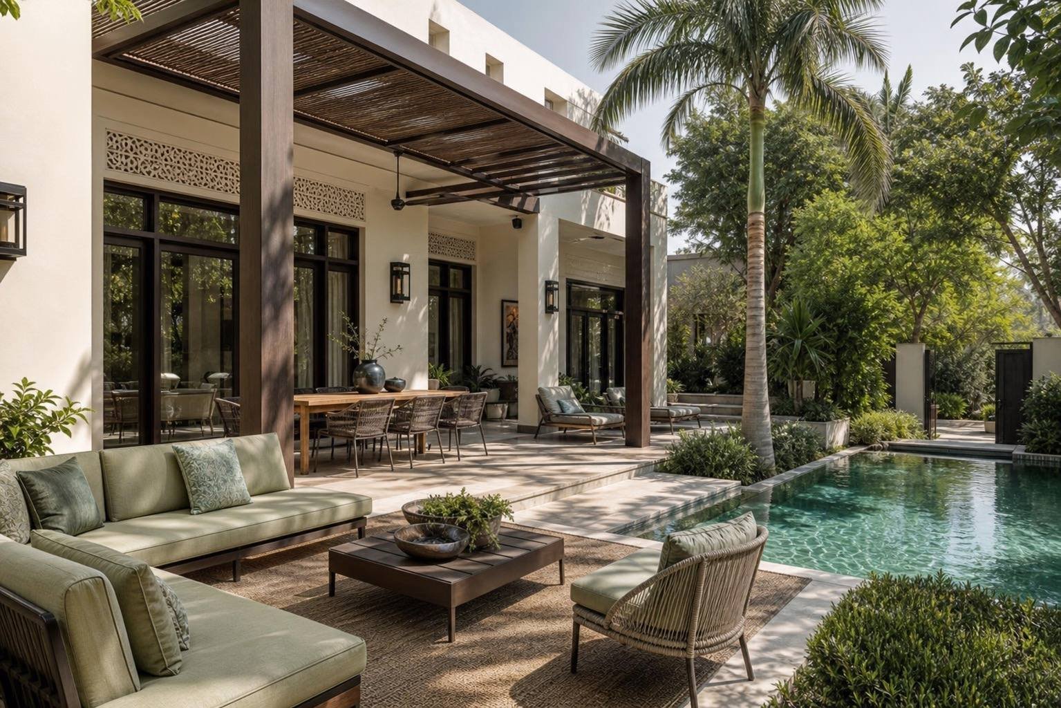 Garden terrace with sage-green outdoor sofas, a woven rug and a slatted pergola beside a pool, Al Barari Estate, Dubai, by Blaine Robert Design