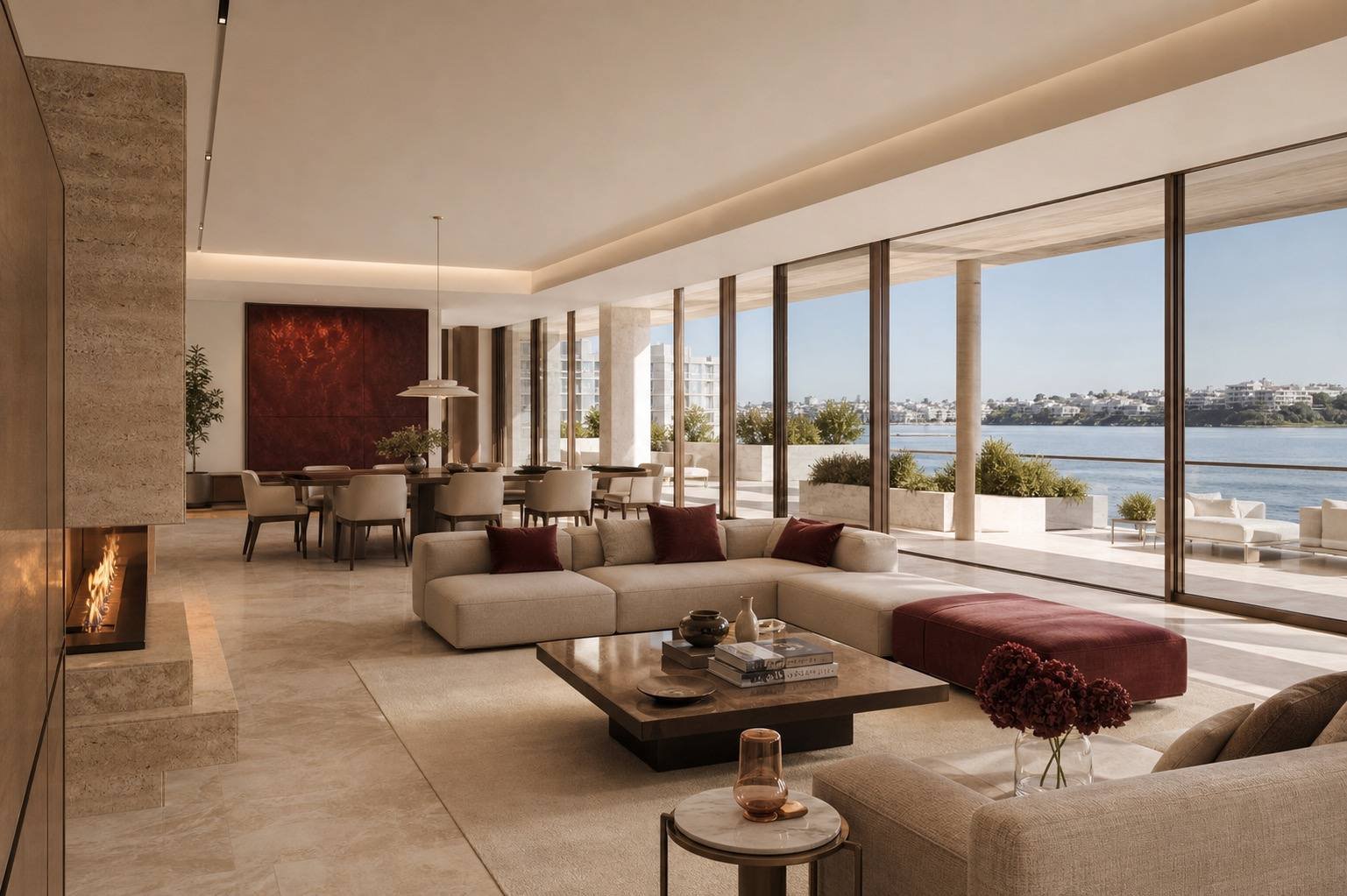 Luxury apartment living room with a travertine fireplace wall and sofas facing the water, Bulgari Residences, Dubai, by Blaine Robert Design
