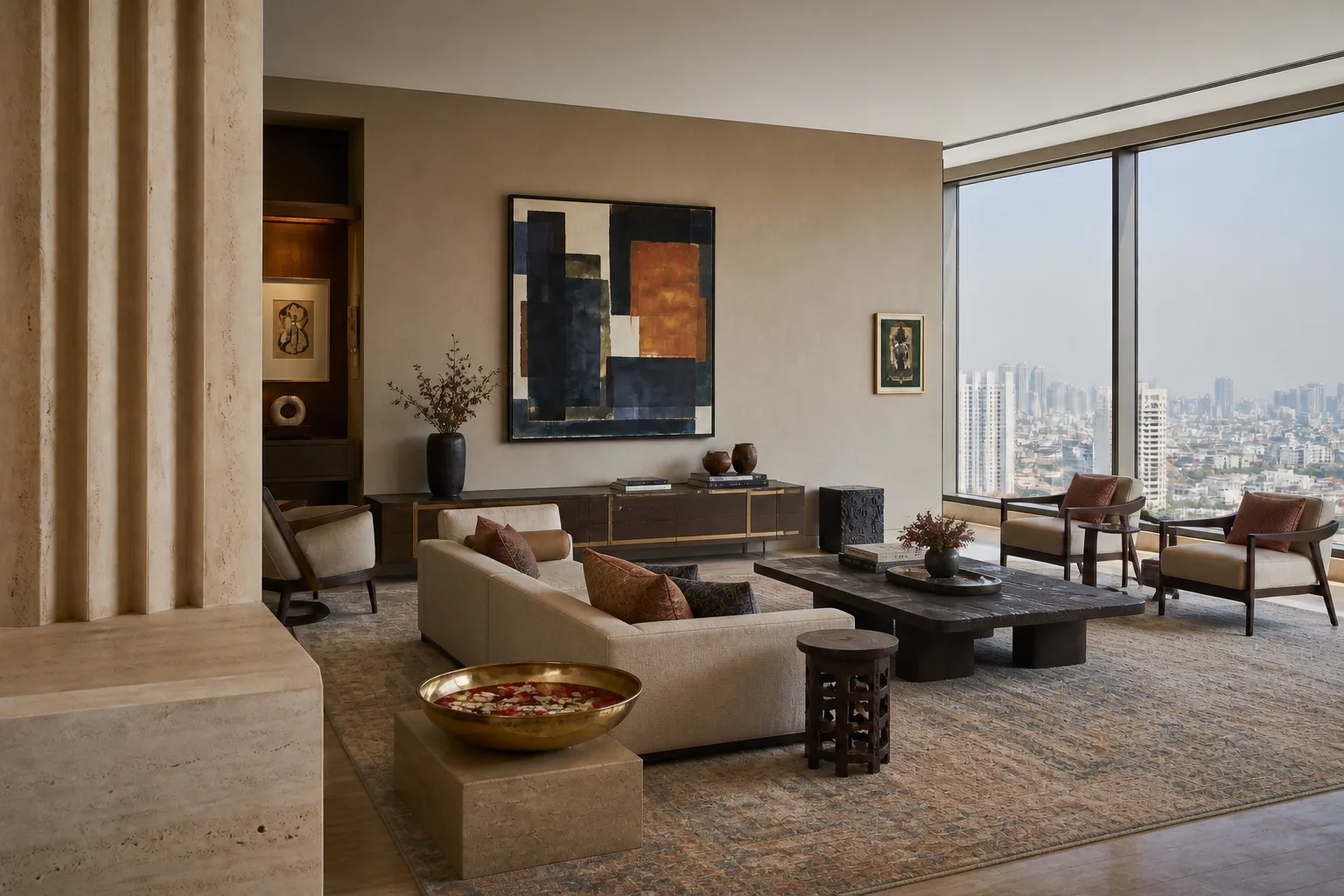 Garden-facing living salon at DLF The Dahlias, Gurugram — interior design concept by Blaine Robert Design