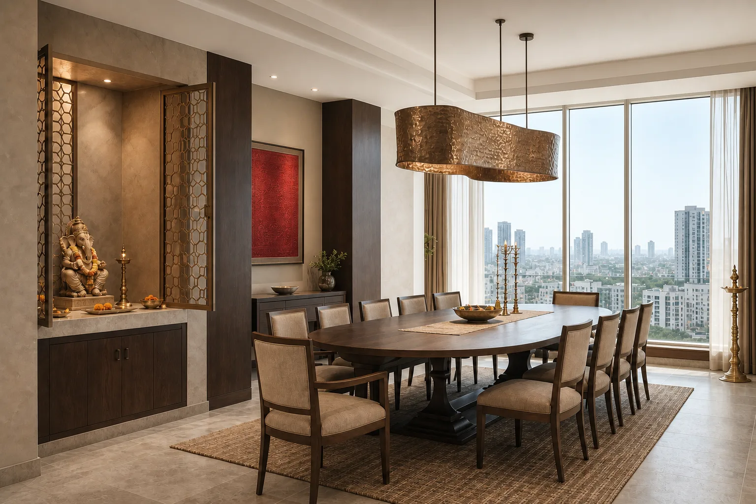 Modern dining room with a brass jaali puja niche, a hammered brass pendant and a long dark timber table, DLF The Dahlias, Gurugram, by Blaine Robert Design