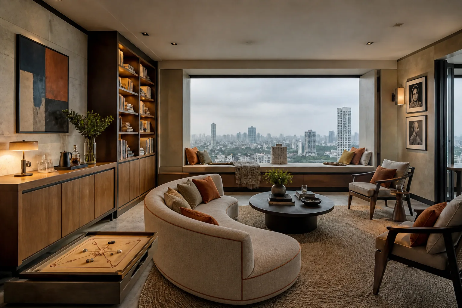 Family lounge with a curved sofa, a round jute rug, a window seat and a carrom table, DLF The Dahlias, Gurugram, by Blaine Robert Design