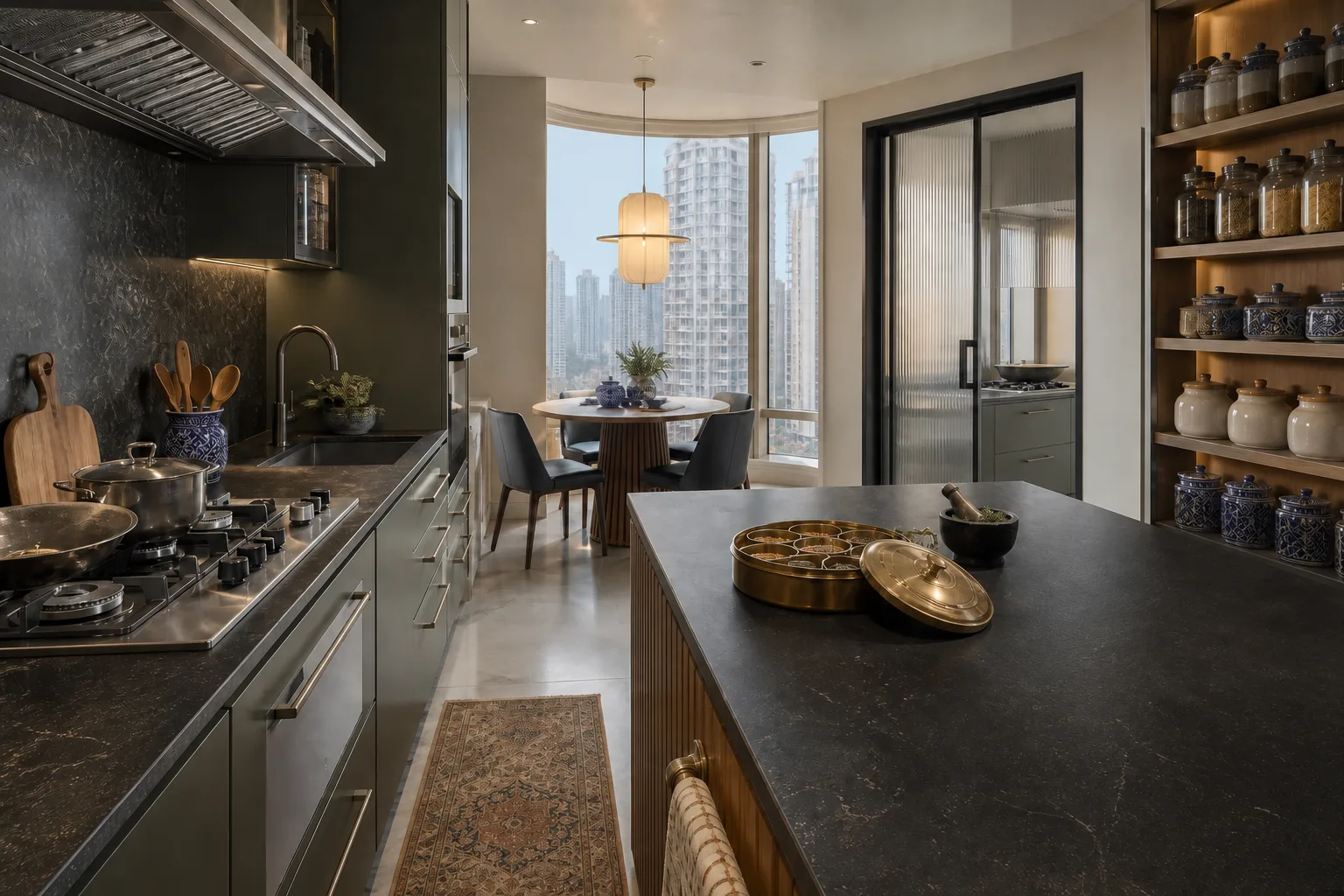 Luxury kitchen design with a dark stone island and backsplash, olive cabinetry, lit open shelves of spice jars, a breakfast table at a bay window and a fluted-glass sliding door to the working kitchen, DLF The Dahlias, Gurugram, design concept, by Blaine Robert Design