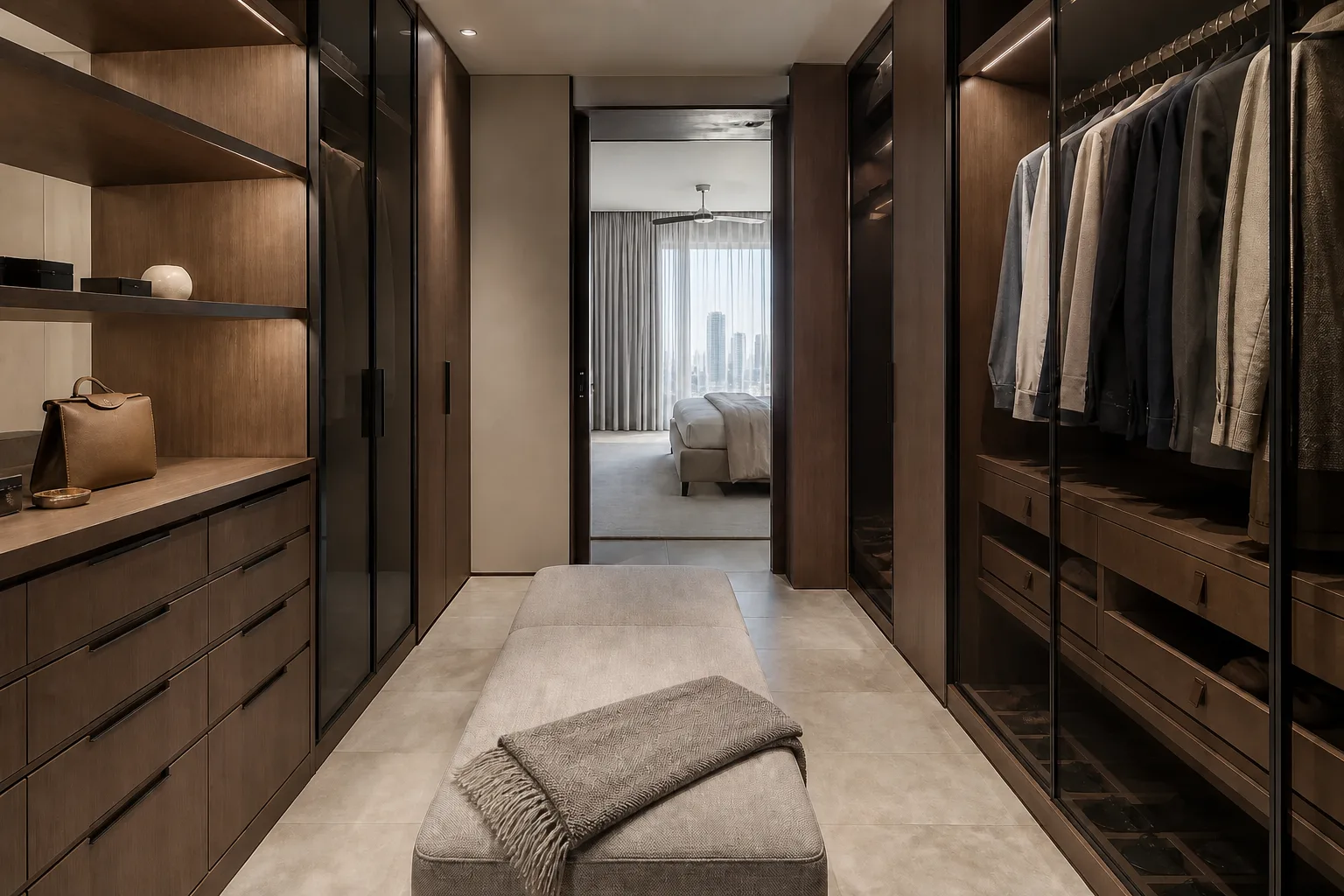 Walk-through dressing room with full-height dark timber wardrobes, lit shelving and an upholstered bench leading to the bedroom, DLF The Dahlias, Gurugram, design concept, by Blaine Robert Design