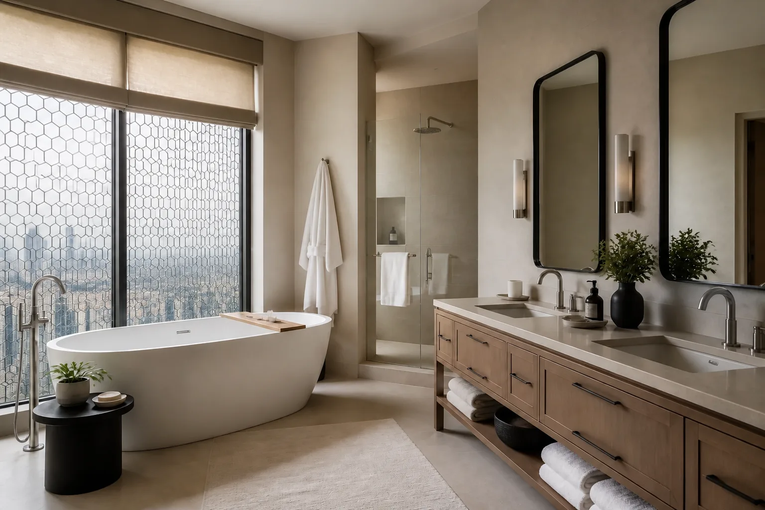 Principal bathroom with a freestanding bath beside a jaali window screen, a walk-in shower and twin basins on a timber vanity, DLF The Dahlias, Gurugram, design concept, by Blaine Robert Design