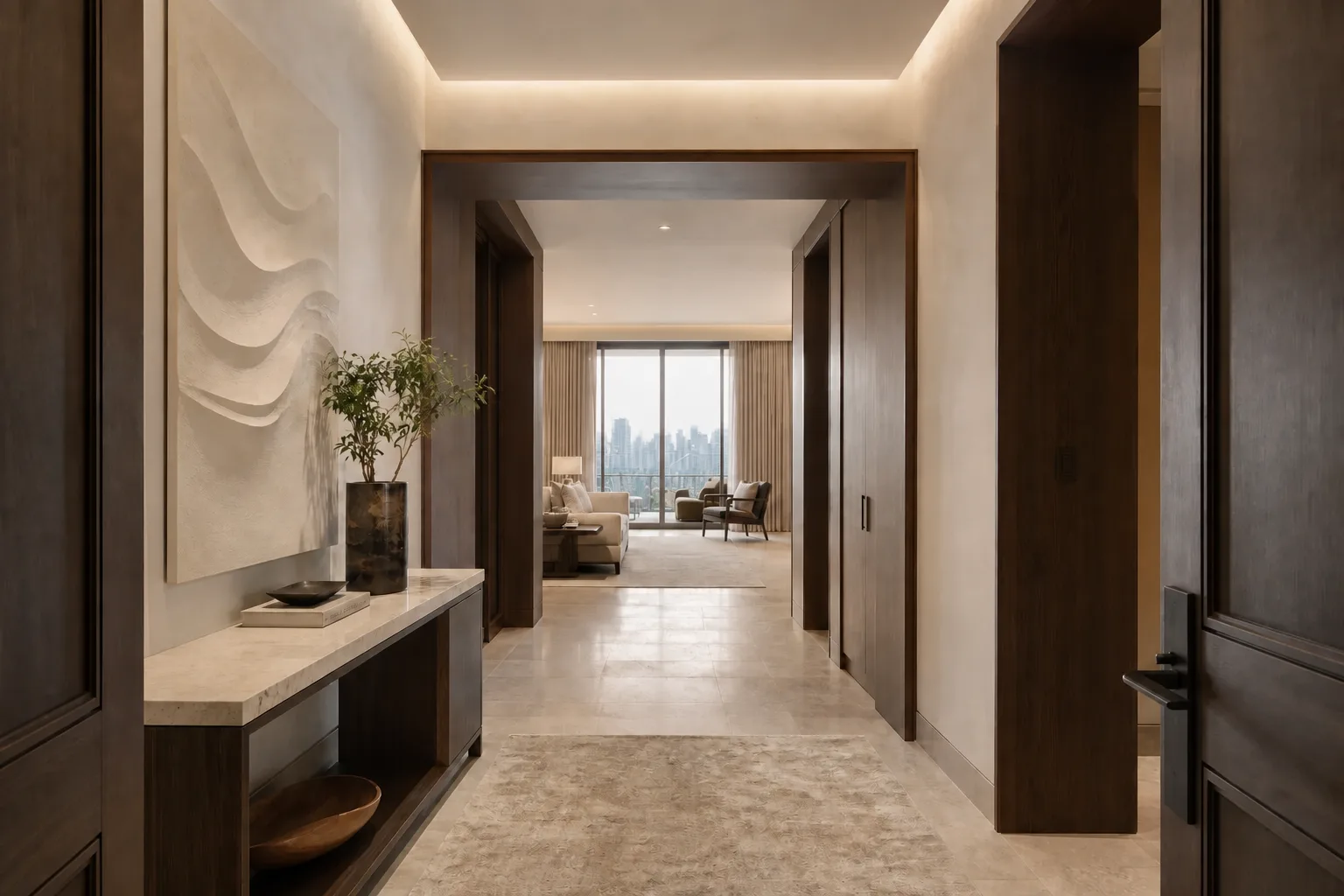 Entrance gallery with one stone floor running through to the living room, dark timber door frames and a sculpted plaster artwork, DLF The Dahlias, Gurugram, design concept, by Blaine Robert Design