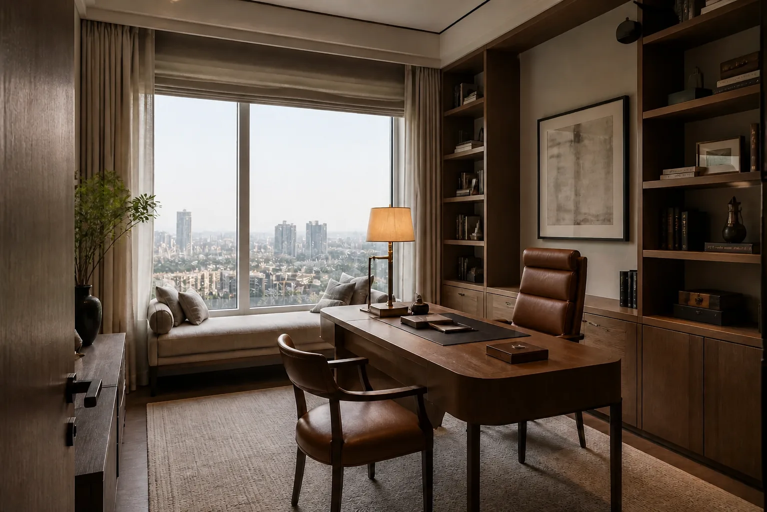 Home study with a timber desk, a leather chair, a window seat and built-in shelving with a city view, DLF The Dahlias, Gurugram, design concept, by Blaine Robert Design