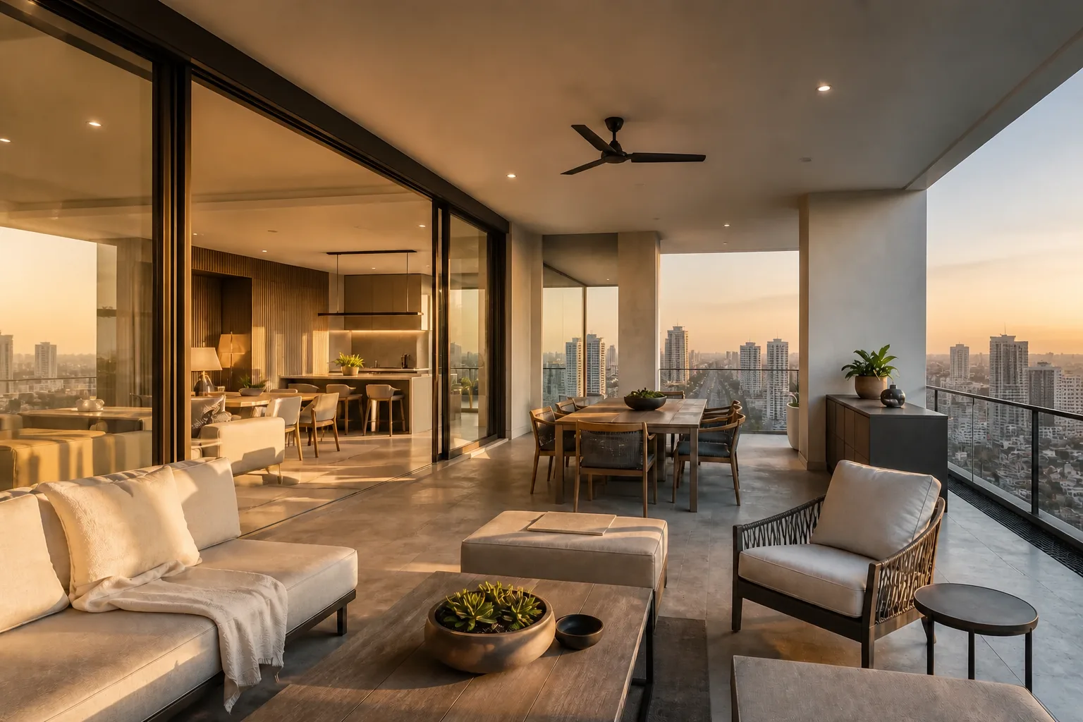 Covered terrace at sunset with outdoor sofas, a dining table and a ceiling fan, opening to the living room through full-height glass doors, DLF The Dahlias, Gurugram, design concept, by Blaine Robert Design