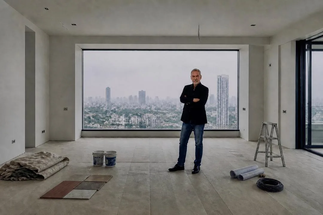 Blaine Robert, principal designer, on site during construction at DLF The Dahlias, Gurugram, by Blaine Robert Design