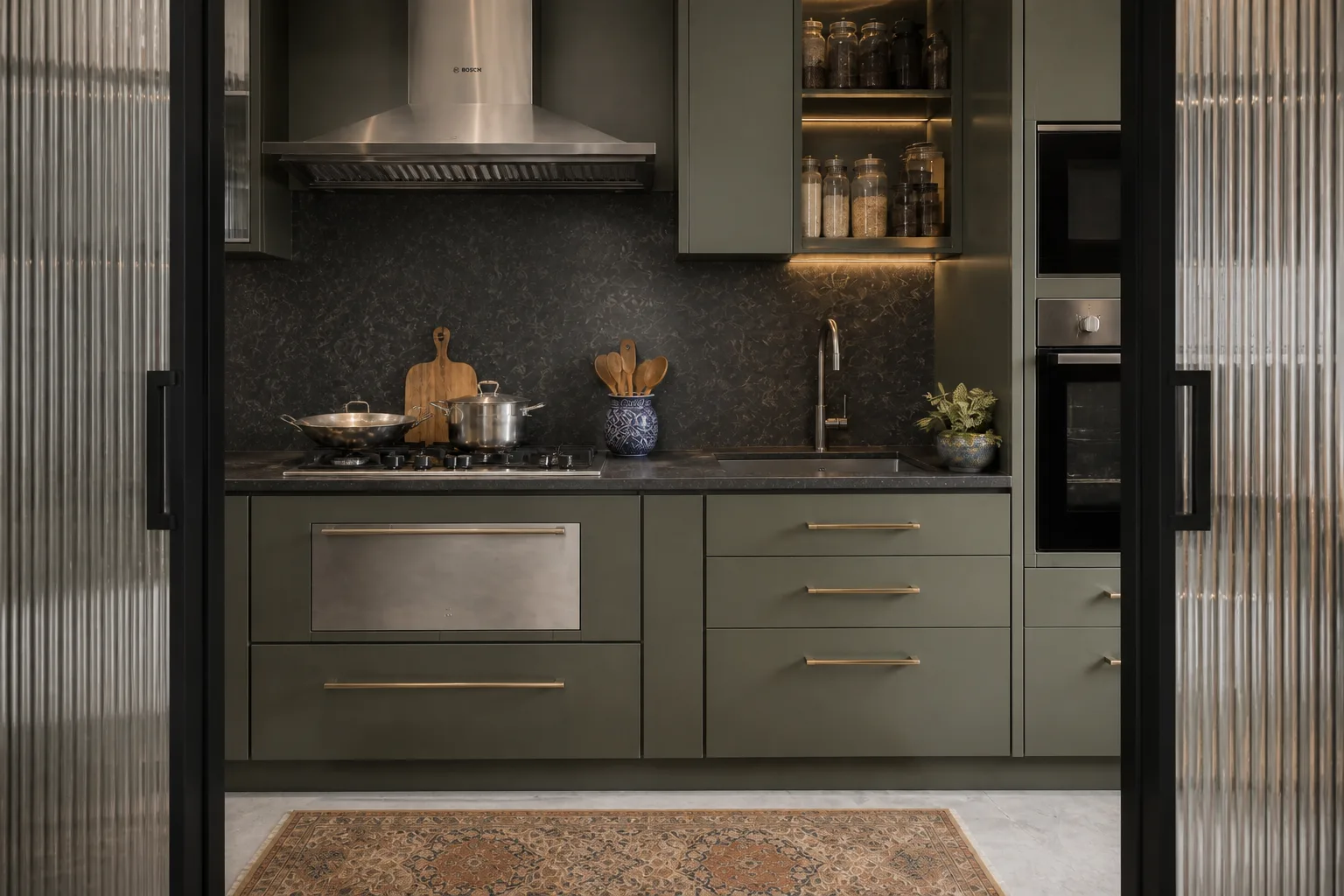 View through fluted-glass sliding doors into a working kitchen with olive cabinetry, a black granite backsplash, a stainless chimney hood, brass handles and lit spice shelves, DLF The Dahlias, Gurugram, design concept, by Blaine Robert Design