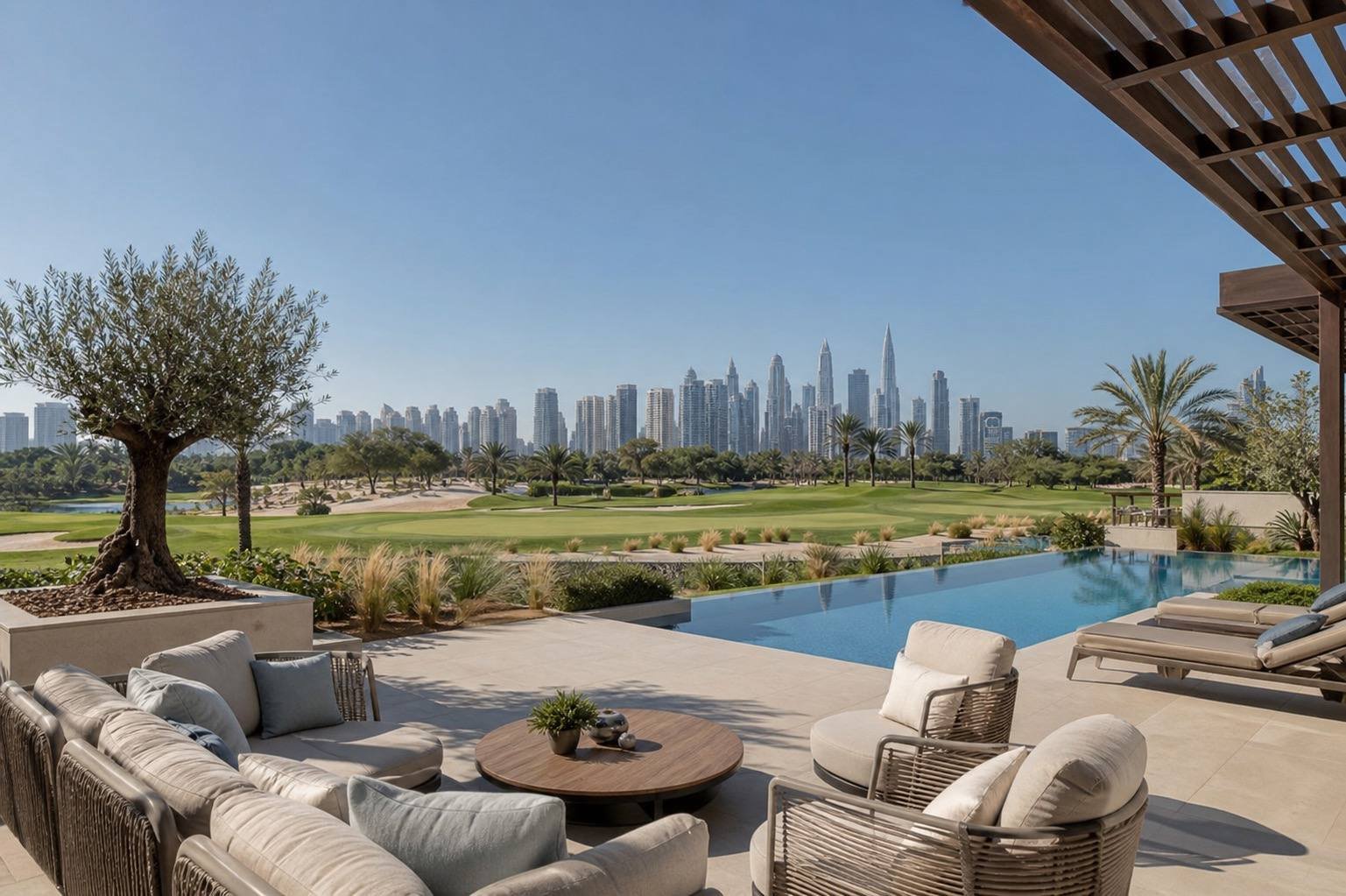 Pool terrace with an olive tree, outdoor sofas and the Dubai skyline beyond the golf course, Emirates Hills Villa, Dubai, by Blaine Robert Design