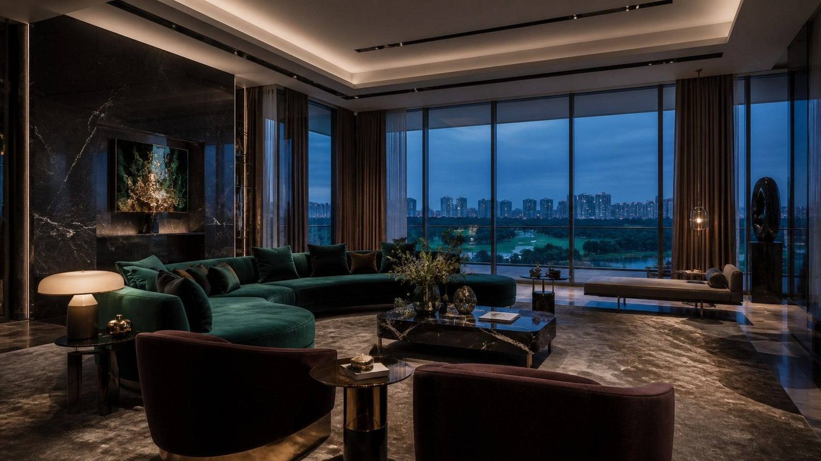 Home interior design for a Mumbai apartment: a living room with a green velvet sectional, a black marble wall and floor-to-ceiling windows at dusk, Jewel Box Modernism, Mumbai, by Blaine Robert Design