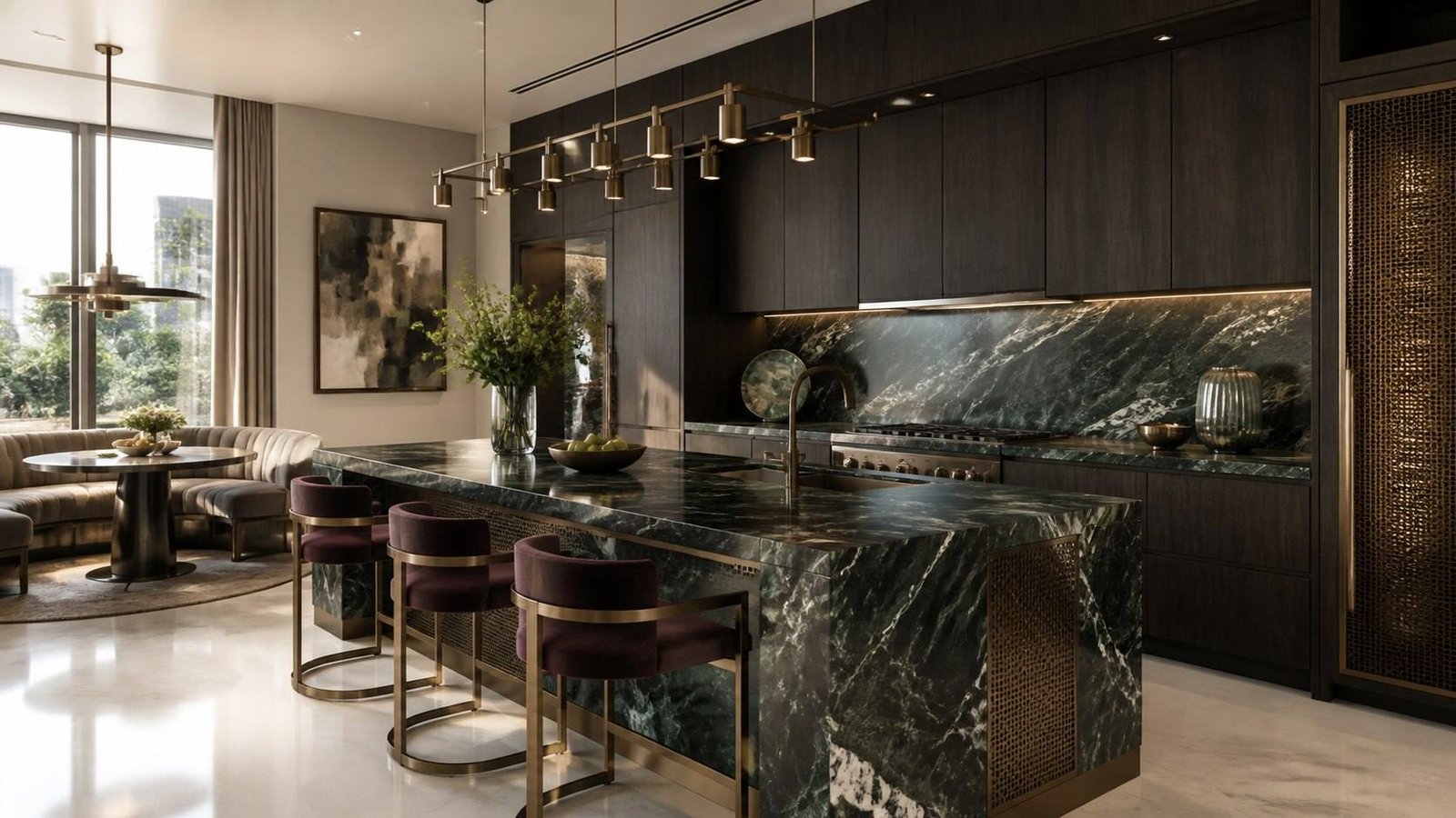 Luxury kitchen design with a green marble waterfall island and full-height marble backsplash, dark oak cabinetry, brass pendant lights, plum velvet barstools and a breakfast banquette by the window, Jewel Box Modernism, Mumbai, by Blaine Robert Design
