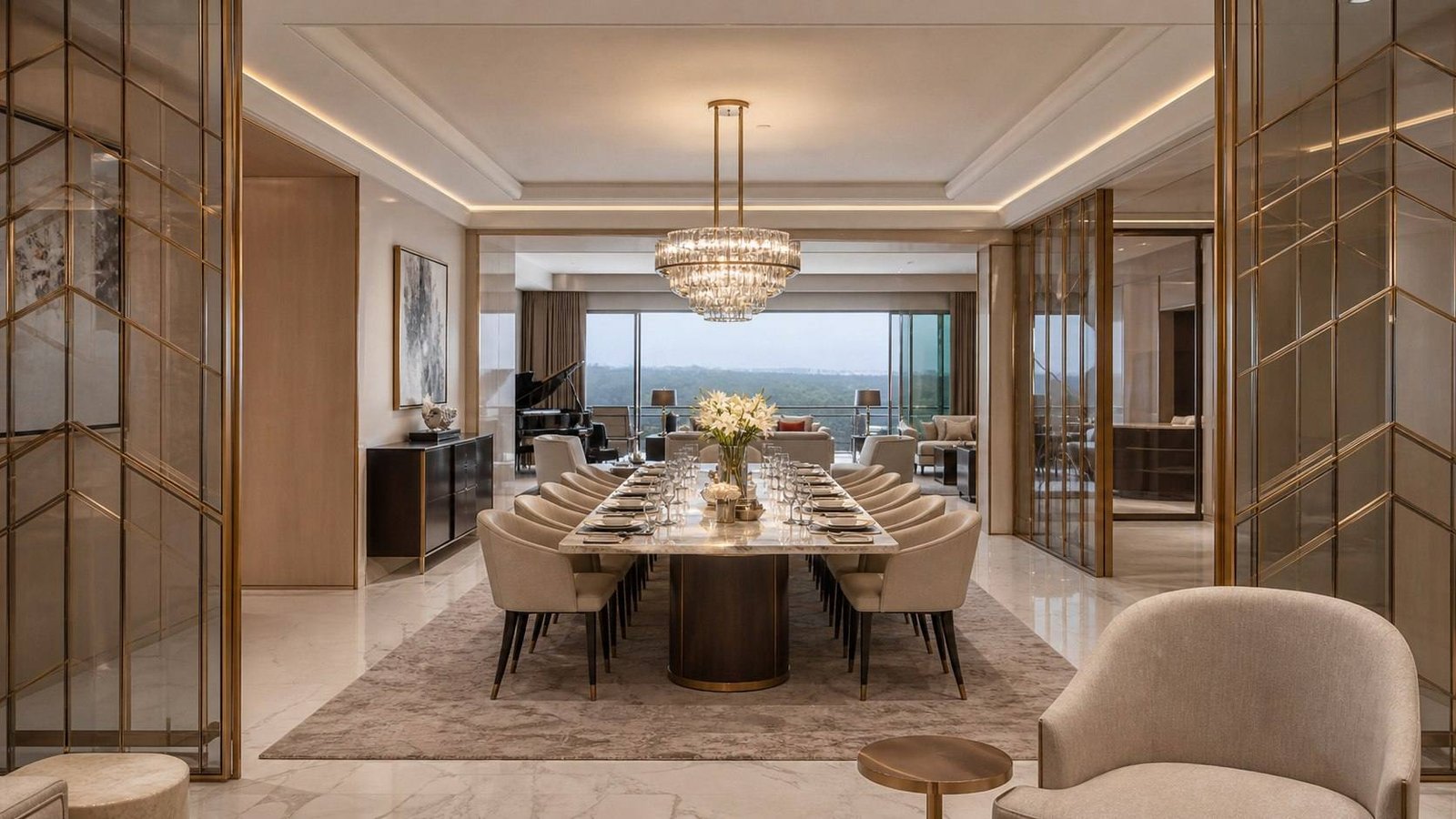 Formal dining room with a long marble table, a crystal chandelier and glass and brass screens to the living room, The Camellias, Gurugram, India, by Blaine Robert Design