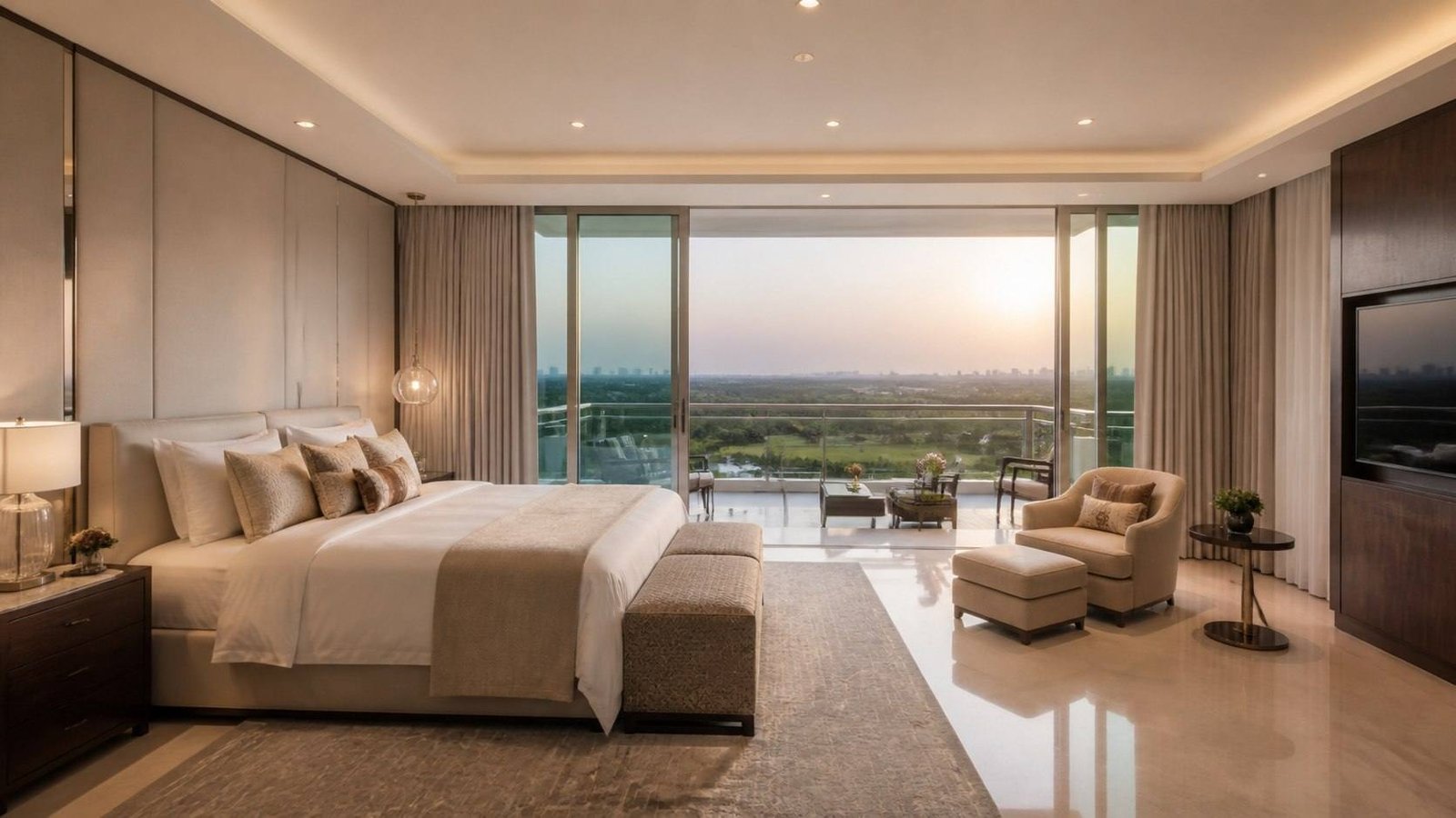 Principal bedroom, The Camellias, Gurugram, India — interior design by Blaine Robert Design