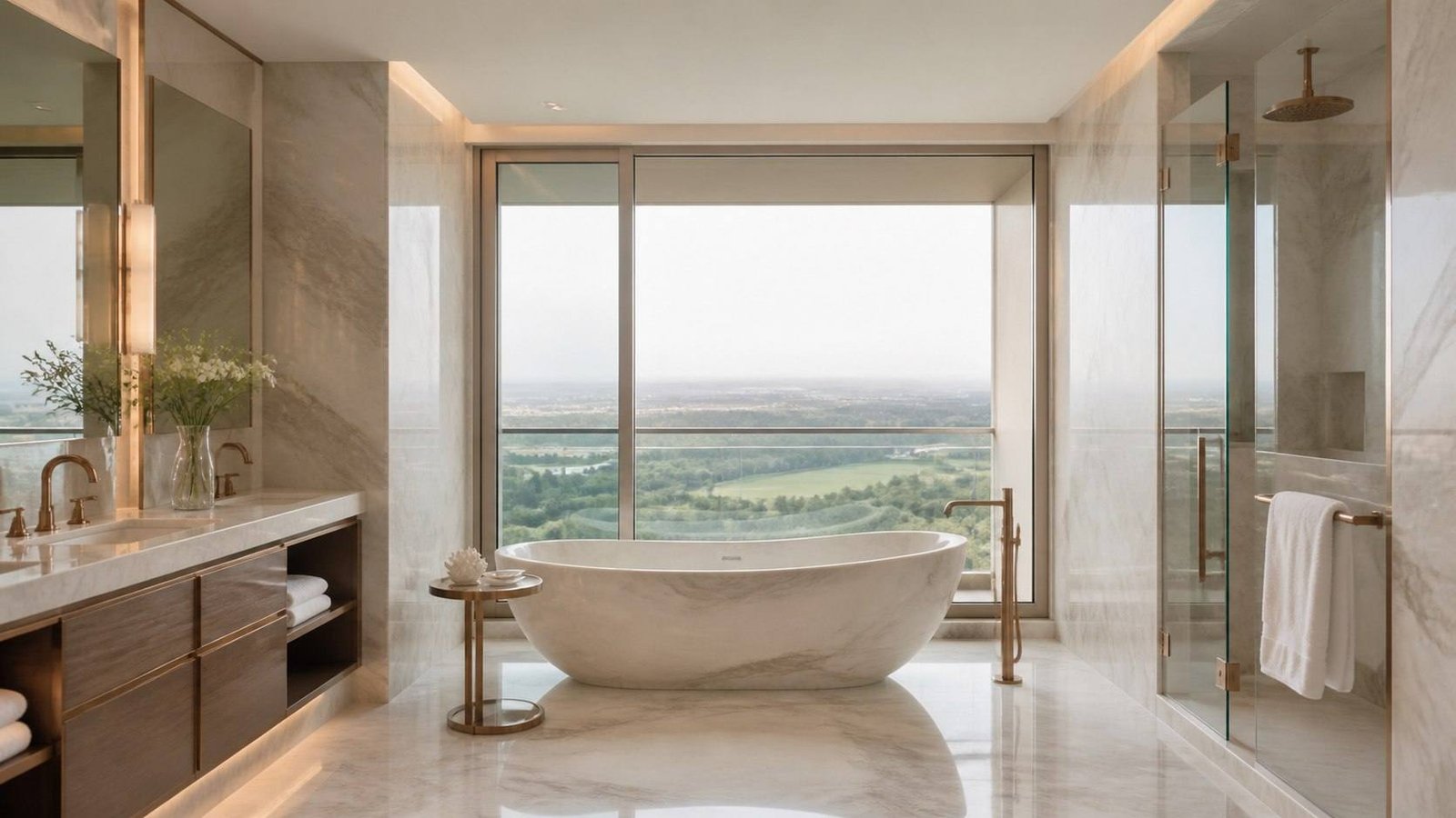 Principal bathroom in book-matched stone, The Camellias, Gurugram, India — interior design by Blaine Robert Design