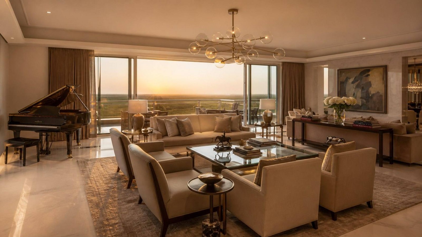 Living room at sunset with a grand piano and floor-to-ceiling glazing, The Camellias, Gurugram — designed by Blaine Robert Design from the Indore studio