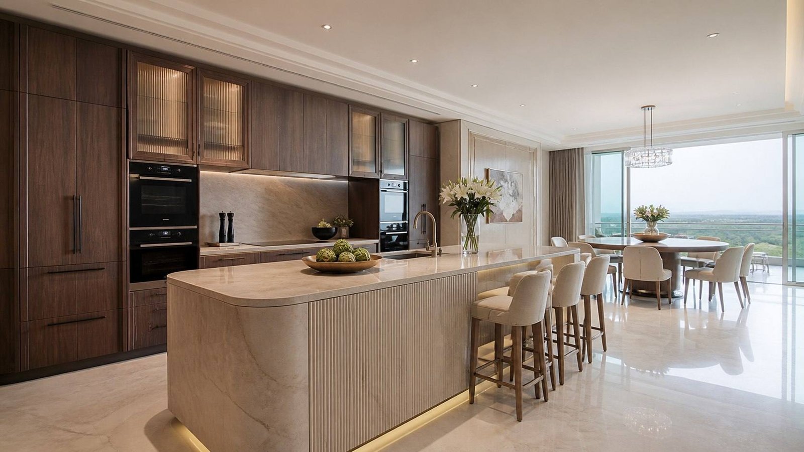 Show kitchen with a stone island and timber cabinetry, The Camellias, Gurugram, India, by Blaine Robert Design