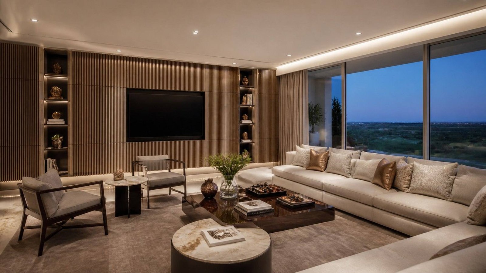 Media lounge with a fluted timber television wall, lit display niches and a long sofa, The Camellias, Gurugram, by Blaine Robert Design