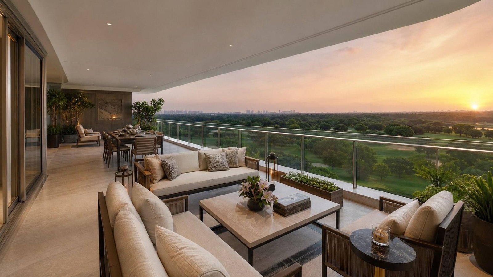 Golf-course-facing terrace, The Camellias, Gurugram, India — interior design by Blaine Robert Design